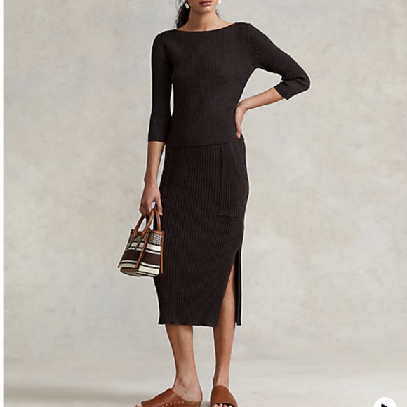POLO RALPH LAUREN SLIM RIB-KNIT TWO PIECE SET W/BOATNECK TOP & MIDI SKIRT SIZE S - Picture 2 of 10